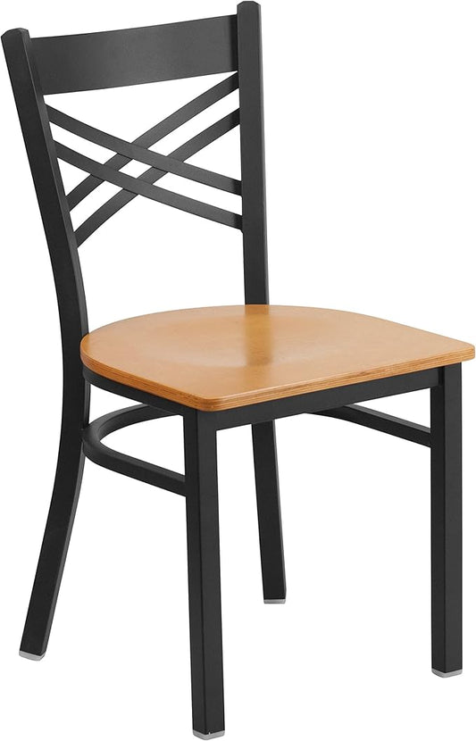 Flash Furniture HERCULES Series Black ''X'' Back Metal Restaurant Chair - Natural Wood Seat