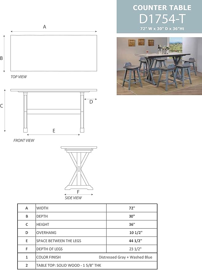 Kings Brand Arland Grey / Blue Wood Counter Height Rectangle Kitchen Dinette Dining Table