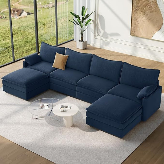 Vesgantti 142" U Shaped Sectional Couch, Comfy Cloud Modular Sectional Sofa with 2 Ottoman Deep Seat Chenille Modern Cloud Sofa, Modular Sofas for Living Room, Bedroom and Apartment, Blue | Sink-in Comfort, Height Adjustable, Easy Rearrangement, Extra-...