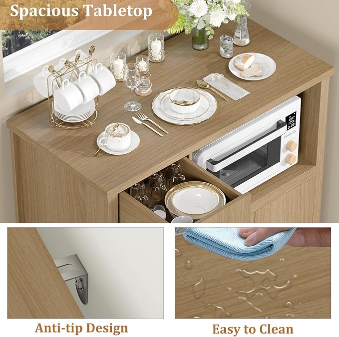 GarveeHome Kitchen Microwave Cabinet with Storage and Drawers, Modern Small Buffet Cabinet with Glass Doors and Adjustable Shelf, Wooden Sideboard with Wide Top for Dining Room, Living Room, Natural