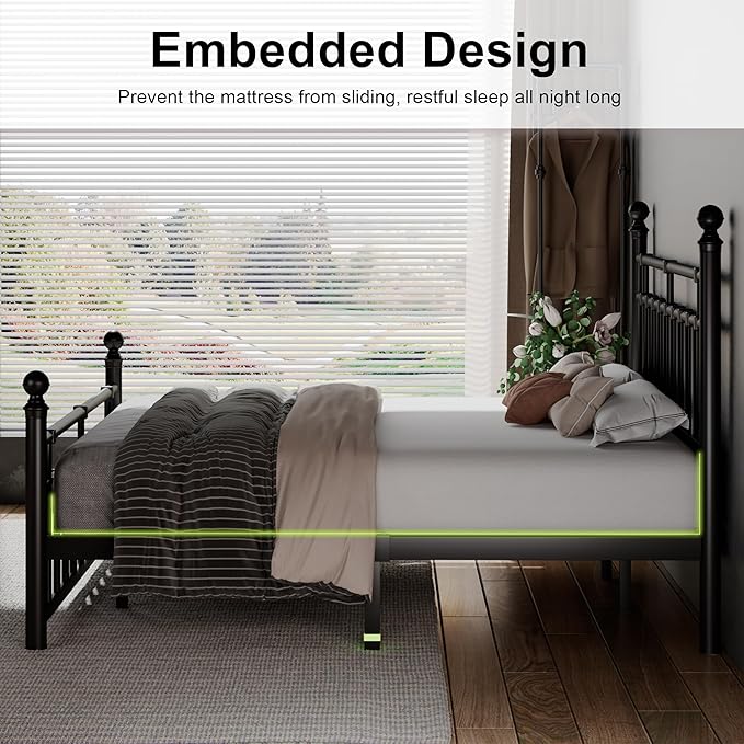 Feonase King Size Metal Platform Bed Frame with Victorian Classic Iron-Art Headboard & Footboard, 12" Under Bed Storage, Steel Slats Support, No Box Spring Needed, Easy Assembly, Noise-Free, Black