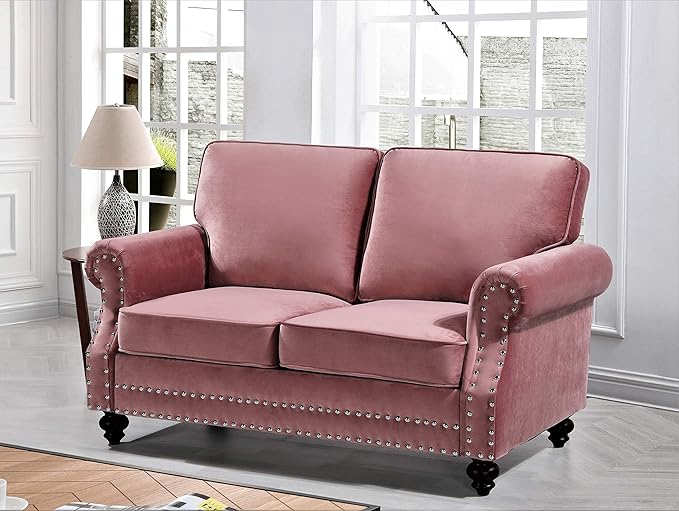 Container Furniture Direct Lotus Mid Century Modern Velvet Upholstered Living Room Rolled Arms, Sofa and Loveseat, Rose