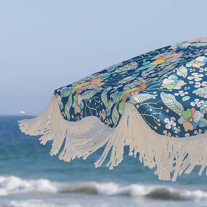 AMMSUN Beach Umbrella with Fringe, 6.5ft Boho Umbrella with Premium Wood Pole & Carry Bag, UPF 50+ Protection for Outdoor Holiday, Flowers
