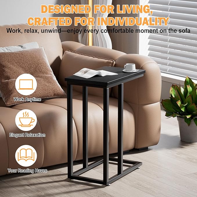 VECELO Universal C-Shaped Side Table, Multi-Functional Snack & TV Tray for Living Room, Bedroom, Black (1 Set)