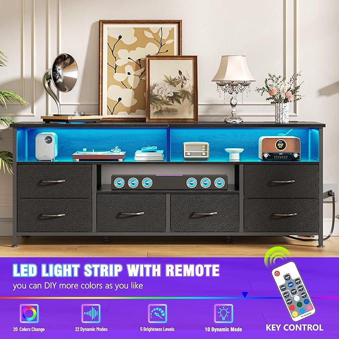 Furologee 55" LED TV Stand for Bedroom, Entertainment Center with 6 Fabric Drawers for 50 55 60 Inch TVs, Dresser TV Stand Console Media Table with Power Outlets for Living Room, Black