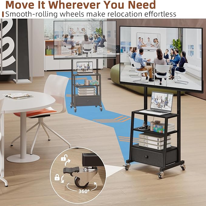Rolling TV Stand with Wheels and Mount & Fabric Drawer - Entertainment Center with Power Outlet and Small TV Stand for Bedroom, Living Room - 15" Black