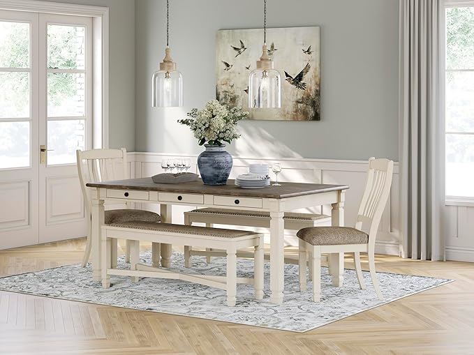 Signature Design by Ashley Bolanburg Farmhouse Rectangular Dining Table, 3 Drawers On Each Side, Seats 6, Wood, 71.88" W x 39.88" D x 31.13" H, Whitewash