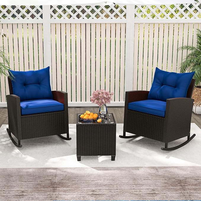 Tangkula 3 Piece Wicker Rocking Set, Patio Rattan Roker Chairs with Tempered Glass Table & Soft Cushions, Outdoor Furniture Set for Backyard, Poolside Porch (Navy)