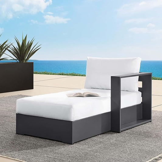Modway Tahoe Powder-Coated Aluminum Outdoor Chaise Lounge in Gray White with Weather-Resistant Cushions, Modular Right-Facing Patio Lounger for Pool Furniture or Sectional Sofa Set