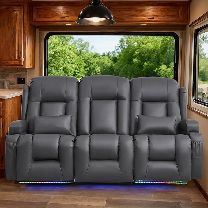 TUNYI Wall Hugger Loveseat Recliner Sofa with Console, Power Reclining Loveseat RV Couch with Massage & Heat/USB/Outlet/Storage/LED Light/Speaker (Light Grey, 3 Seat)