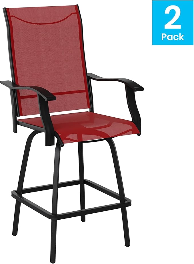 Flash Furniture Valerie Patio Bar Height Stools Set of 2, All-Weather Textilene Swivel Patio Stools with High Back & Armrests in Red