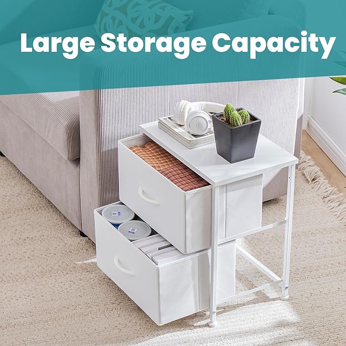 NEWBULIG Nightstand Small Dresser with 2 Fabric Drawers 25 Inch Tall Bedside Table Storage Furniture for Bedroom Closet Entryway College Dorm White
