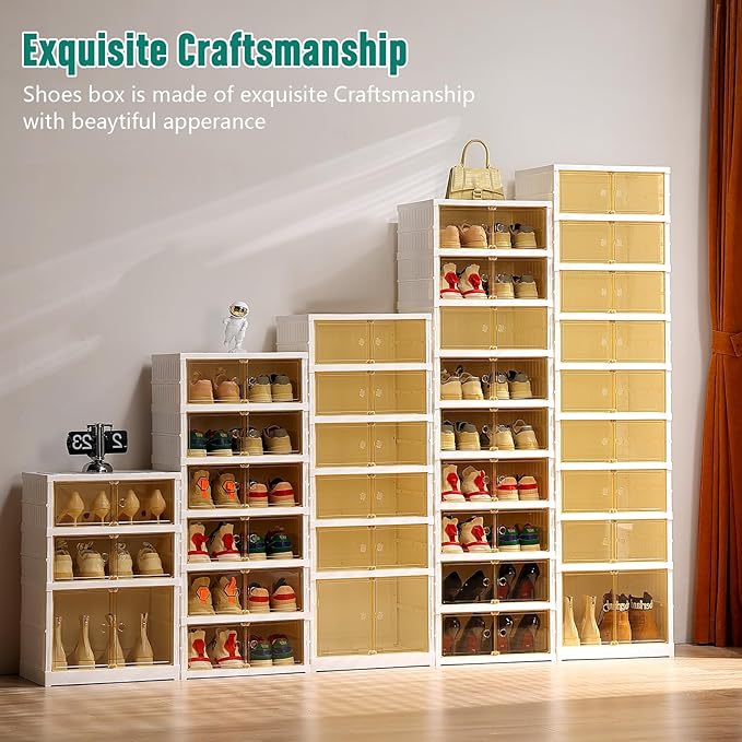 8-Tier Foldable Shoes Rack Organizer Clear Plastic Shoes Rack for Closet Shelf Collapsible Large Storage Box Stackable Easy Assembly Shoe Cabinet with Lids and Door(for 32 Pairs)