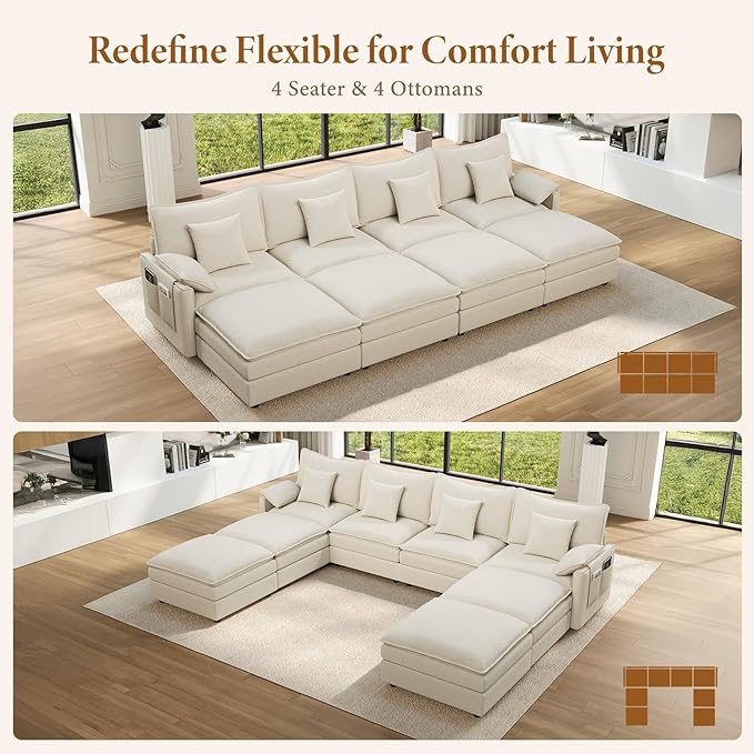 Vesgantti 142" Oversized Sectional Sofa Bed, 8-Seater Modular Sleeper Cloud Couch with Movable Ottoman, Chenille Convertible Sofa Set Deep Seat Couches for Living Room, Bedroom and Apartment, White | Sink-in Comfort, Height Adjustable, Easy Rearrangeme...