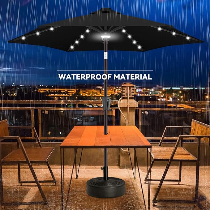 7.5FT Solar Umbrella Outdoor - Lighted Solar Patio Umbrella with 24 LED Lights Waterprool UV Protection, Table Umbrella with Tilt for Pool, Porch, Garden, Deck, Backyard (Black)