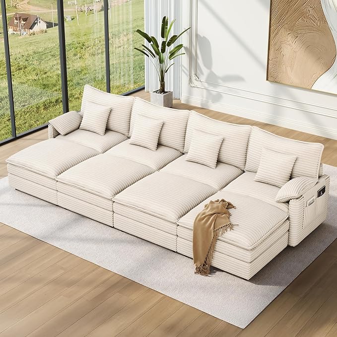 Vesgantti 142" Oversized Sectional Sofa Bed, 8-Seater Modular Sleeper Cloud Couch with Movable Ottoman, Corduroy Convertible Sofa Set Deep Seat Couches for Living Room, Bedroom and Apartment, Beige | Sink-in Comfort, Height Adjustable, Easy Rearrangeme...