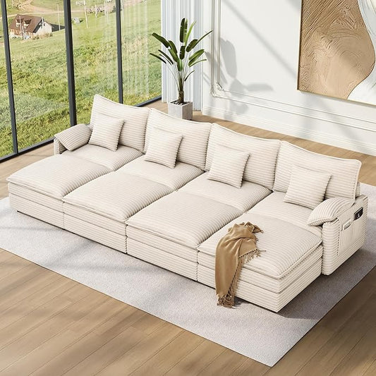 Vesgantti 142" Oversized Sectional Sofa Bed, 8-Seater Modular Sleeper Cloud Couch with Movable Ottoman, Corduroy Convertible Sofa Set Deep Seat Couches for Living Room, Bedroom and Apartment, Beige | Sink-in Comfort, Height Adjustable, Easy Rearrangeme...