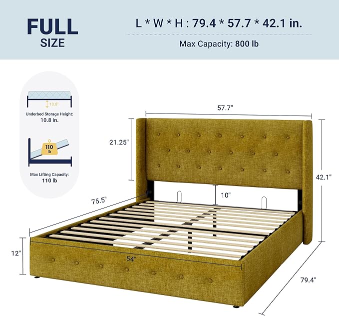 Allewie Full Size Lift Up Storage Bed, Button Tufted Headboard with Wingback, Hydraulic Support, No Box Spring Needed, Olive Yellow