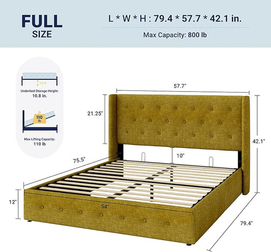 Allewie Full Size Lift Up Storage Bed, Button Tufted Headboard with Wingback, Hydraulic Support, No Box Spring Needed, Olive Yellow