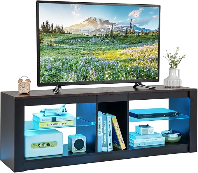 Tangkula LED TV Stand for 65 Inch TVs, Gaming Entertainment Center w/Open Storage, Adjustable Tempered Glass Shelves, Modern Media TV Console Table for Living Room Bedroom (Rustic Brown)