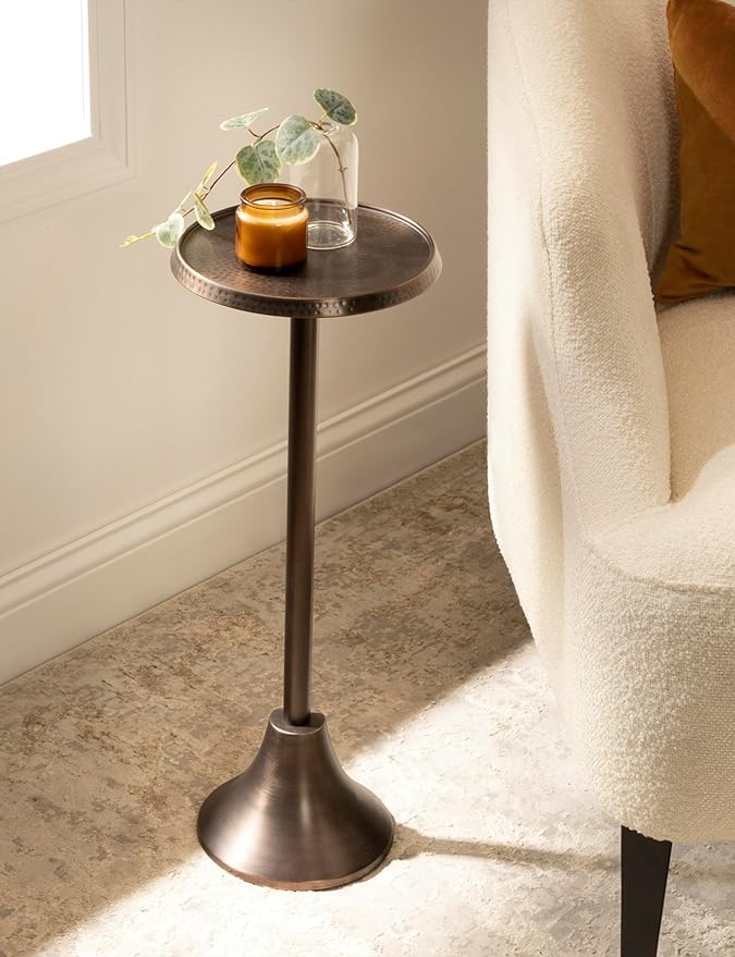 Kate and Laurel Sanzo Modern Pedestal Drink Table; 9 x 9 x 23; Bronze; Decorative End Table with Hammered Tabletop
