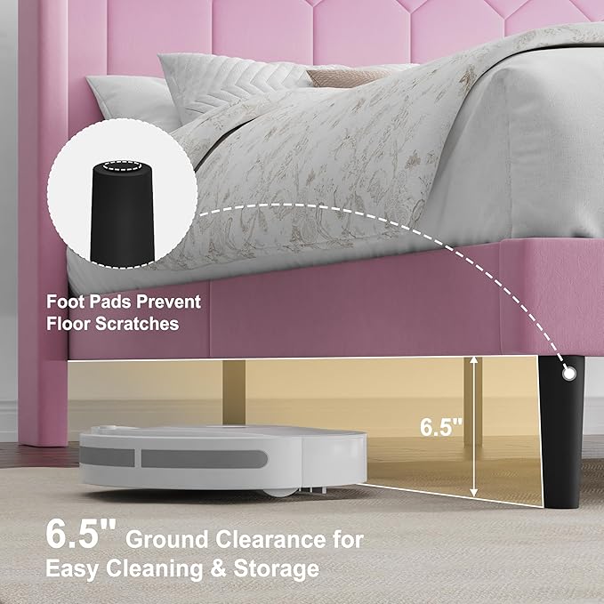 Full Size Bed Frame with Velvet Upholstered Headboard, Platform Bed Frame No Box Spring Needed, Modern Bedframe with Strong Wooden Slats, Pink