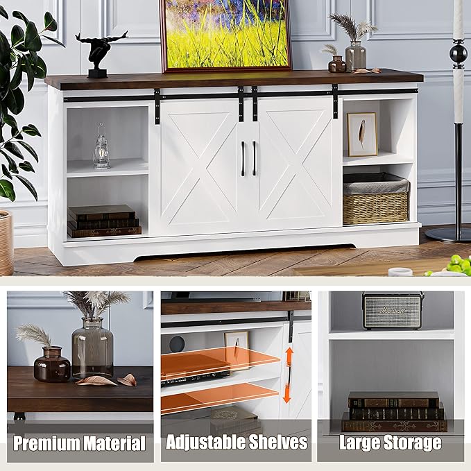 IDEALHOUSE Farmhouse TV Stand, Entertainment Center for 65 Inch TV Media Console Table, White Barn Door TV Stand with Storage and Shelves, Modern TV Console Cabinet Furniture for Living Room