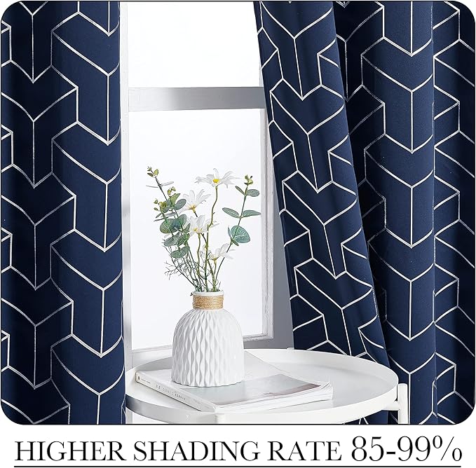 NICETOWN Blackout Curtain Panels 84 inches Long, Window Treatment Foil Printed Diamond Pattern Thermal Insulated Grommet Blackout Drapes for Living Room/Office/Guest Room(Navy, 1 Pair, 52 inches Wide)