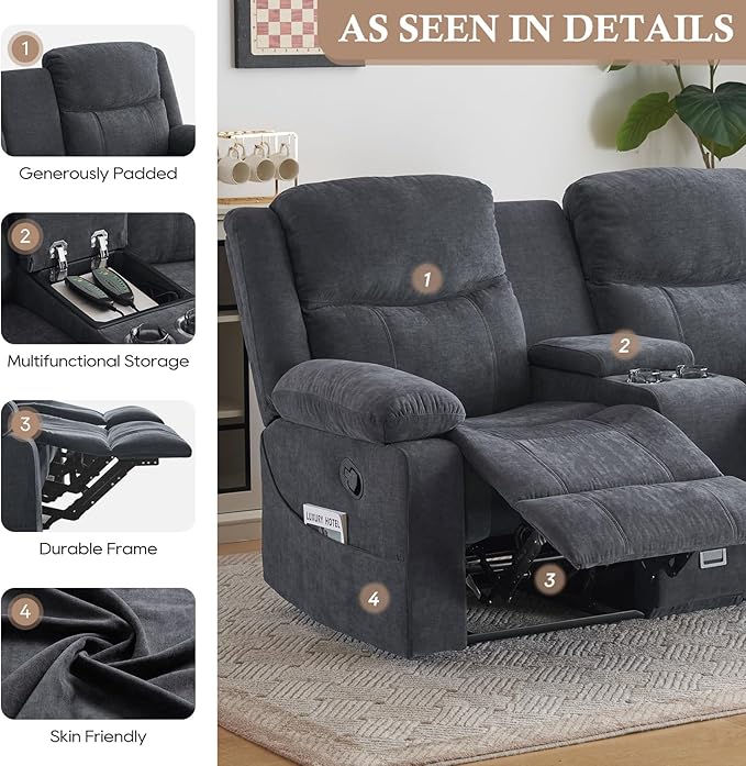 Loveseat Recliner Sofa, Manual Recliner Loveseat with Console, Modern Chenille Sofa Sleeper Deep Couches with Cup Holders and Side Pocket for Living Room/Office/Apartment (Grey) | Heating & Massage, Hidden Drawer
