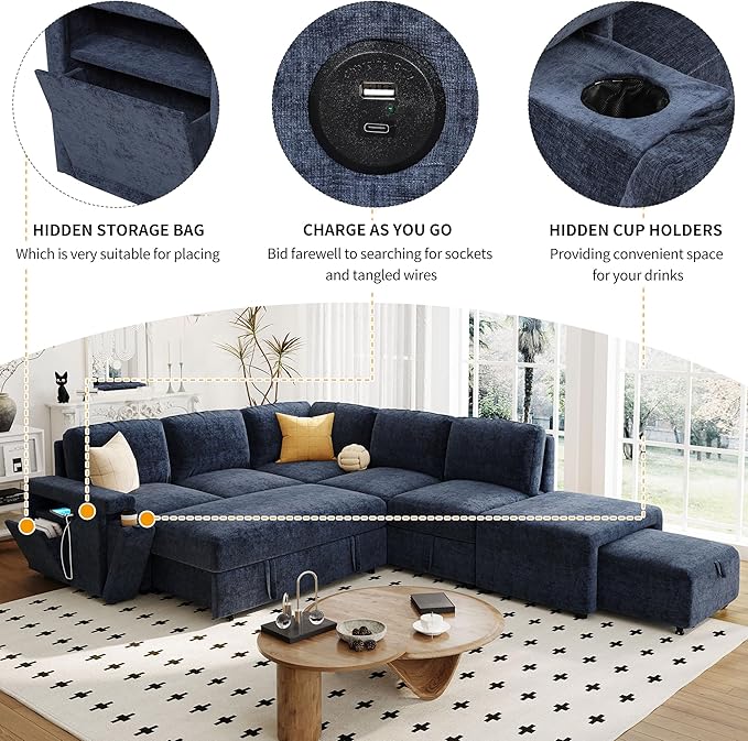 90.6" L-Shaped Modular Padded Cloud Sectional Fabric Sofa Set with Pull Out Bed, Convertible Sectional Couches w/Storage Space and USB Ports & Cup Holders on The Armrests,for Living Room,Blue
