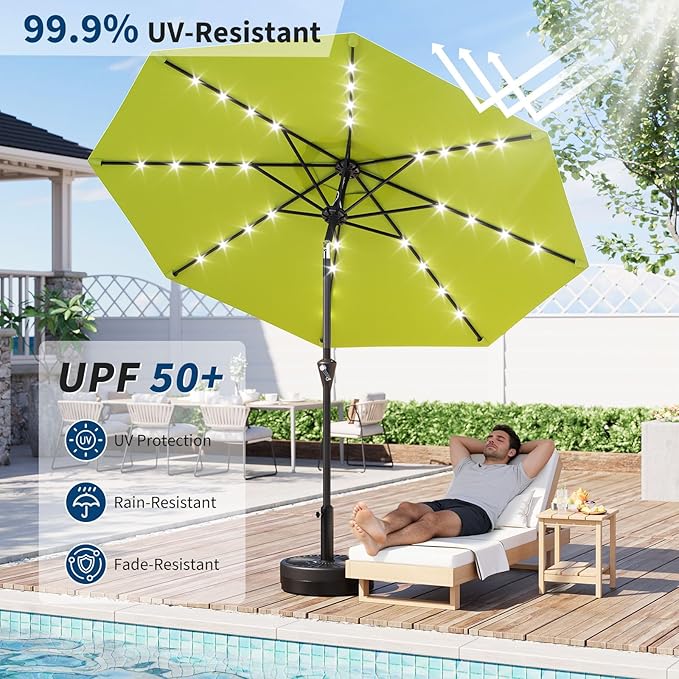 Garvee 9FT Solar Patio Umbrella with 32 LED Lights - Outdoor Table Umbrella with Crank Lift, Push Button Tilt and 8 Sturdy Ribs - Market Umbrella UV Protection for Pool, Deck, Yard, Garden