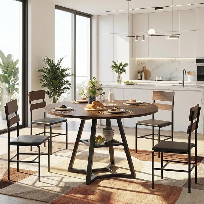 Round Dining Table for 4-6 with Storage Shelf, Kitchen & Dining Room Circle Pedestal Table, Heavy Duty Metal Frame & Wood Top