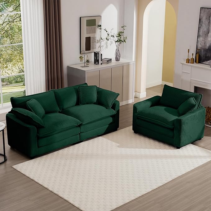 KEIKI 2-Piece Sofa Set with 1 Oversized Corduroy Loveseat Sofa & 1 Single Sofa, Upholstered 3-Seater Couch Set with 5 Pillow, High-Density Foam Cushions, Removable Armrests, for Living Room, Green