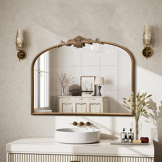 Besdomus Vintage Arched Gold Mirror: 32"x24" Large Gold Vintage Wall Mounted Mirror - Baroque Traditional Ornate for Bedroom/Fireplace/Bathroom/Hallway - Wall Decor for Fashion-Conscious