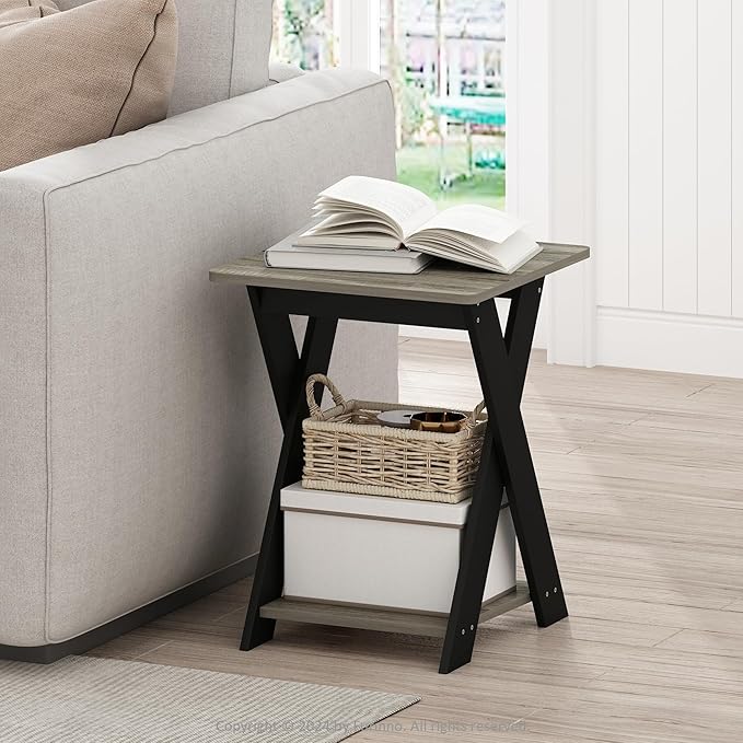 Furinno Modern Side Table, X-Legs End Table with Open Shelf, Criss-Crossed Night Stand, Bedside Table, Easy Assembly, for Living Room, Bedroom, Grey Oak