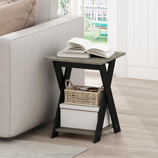 Furinno Modern Side Table, X-Legs End Table with Open Shelf, Criss-Crossed Night Stand, Bedside Table, Easy Assembly, for Living Room, Bedroom, Grey Oak