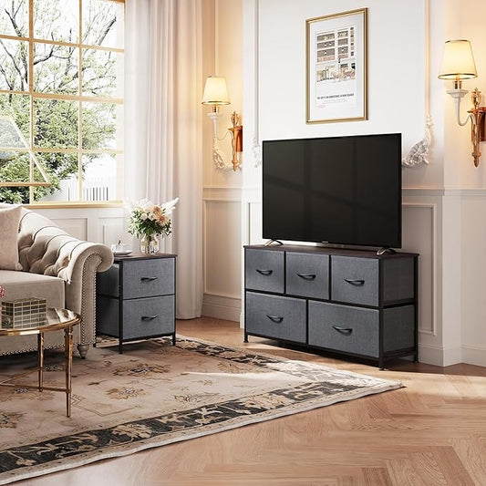 WLIVE 2-Drawer Nightstand and 5-Drawer Dresser Set, Fabric Storage Tower for Bedroom, Hallway, Nursery, Closets, Tall Chest Organizer Unit with Textured Print Fabric Bins, Steel Frame