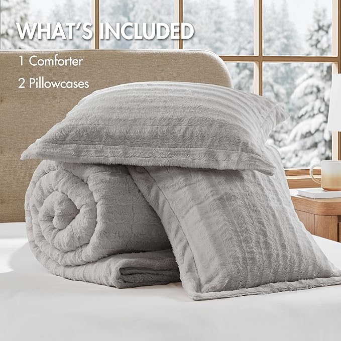 Madison Park Duke Luxe Faux Fur Reversible Comforter Set, Soft Plush Reverse, Modern Down Alternative Filling Cozy Bedding, Box Quilted Warm Cover, Matching Shams, Full/Queen, Grey 3 Piece