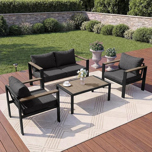 Outdoor Patio Furniture Set 4 Seats Luxury Aluminum Patio Conversation Set with Coffee Table, Washable Thick Cushions, Large Sectional Sofa for Porch, Balcony, Deck, Yard, Dark Gray