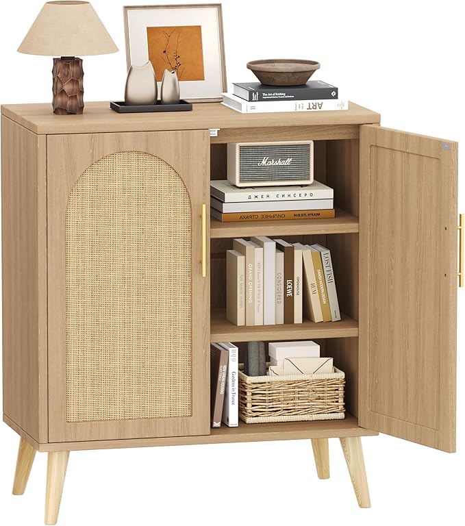 2 Pack 15.7" D Rattan Buffet Cabinet with Storage, Buffet Sideboard with Adjustable Shelf and Solid Wood Legs, Floor Storage Cabinet with Doors, Coffee Bar for Kitchen, Living Room, Natural