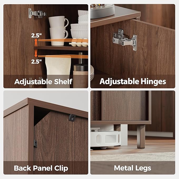 58" Sideboard Buffet Cabinet with Storage, 4 Doors, Adjustable Shelves, Wooden Mid Century Coffee Bar Cabinet for Kitchen, Living Room, Entryway, Walnut