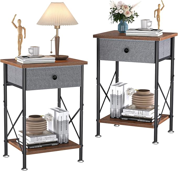 VECELO End Tables, Modern Nightstand with Fabric Drawer & Open Shelf, Night Stand for Bedroom Living Room, Industrial Metal Frame, Easy Assembly, Rustic Brown,2 Pack