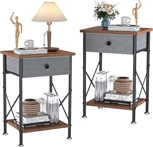 VECELO End Tables, Modern Nightstand with Fabric Drawer & Open Shelf, Night Stand for Bedroom Living Room, Industrial Metal Frame, Easy Assembly, Rustic Brown,2 Pack