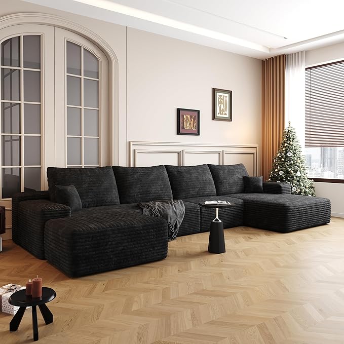 135" U Shaped Boneless Couch with Ottoman, Convertible Sleeper Compression Sofa, Corduroy Couch Sectional for Living Room Bedroom, Deep Seat Foam Cloud Sofas No Assembly, Right Facing Chaise, Black