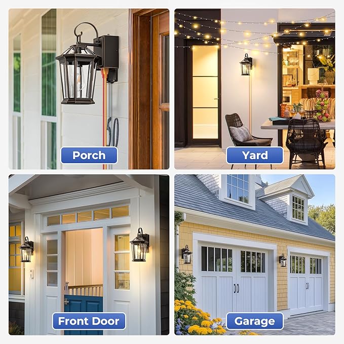 Gleamz Porch Lights Outdoor with GFCI Outlet, ORB Dusk to Dawn Outdoor Lighting with Gold Trim, Exterior Light Fixtures for House, Garden, Patio, E26 Base, 100% Aluminum Waterproof and Anti-Rust