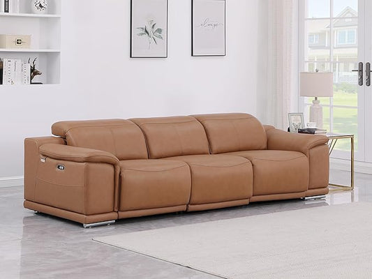 BlackJack Furniture Venice Top Grain Italian Leather Dual Power Recliner Sofa - 107" Theater Seating Modern Couch for Living Room Apartment Lounge Home with Adjustable Headrests & USB Port, Cognac