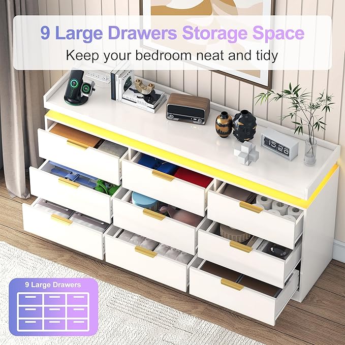9 Drawer Dressers for Bedroom, White Dresser with LED Light and Power Outlet, Modern Large Dresser & Chests of Drawers, Wood Triple Wide Dressers for Bedroom, Entryway, Hallway