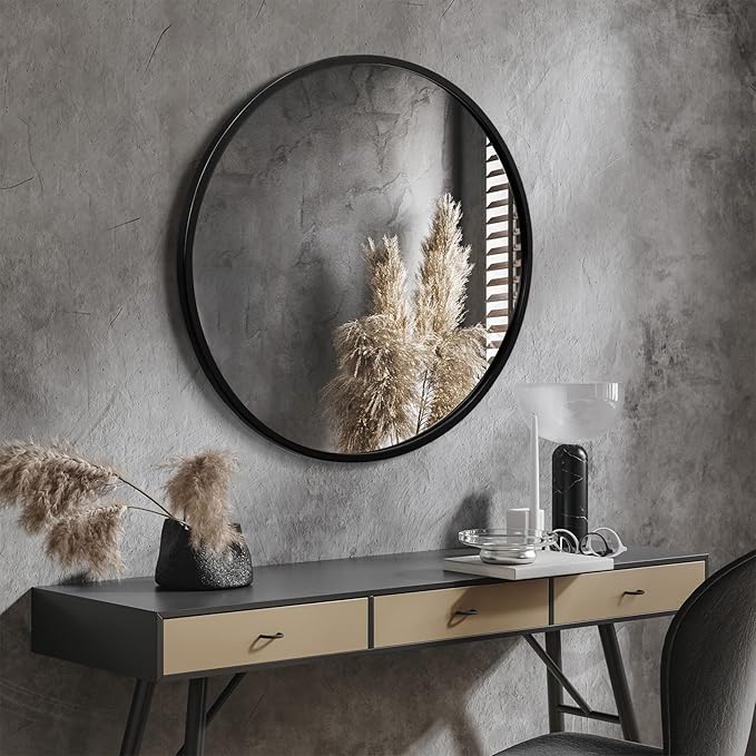24 inch Round Mirror Black Metal Framed Wall Mount Bathroom Vanity Real Glass Circle Mirror for Home, Entryway, Living Room, Bedroom
