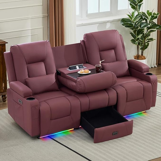 URRED Power Loveseat Recliner Sofa with Console, Wall Hugger Reclining Loveseat RV Couch with LED Light, 150° Zero Gravity Recliners Modular Couches for Living Room (Red, 77.3'' - 3 Seats)