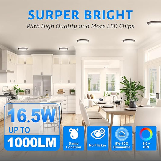 ECOELER 6Inch Dimmable LED Disk Lights, Flush Mount Ceiling Downlight, 16.5W 1000lm 4000K Cool White, Low Profile Surface Mount Ceiling Light for J-Box or Recessed Can, ETL-Listed, Bronze, 10 Pack